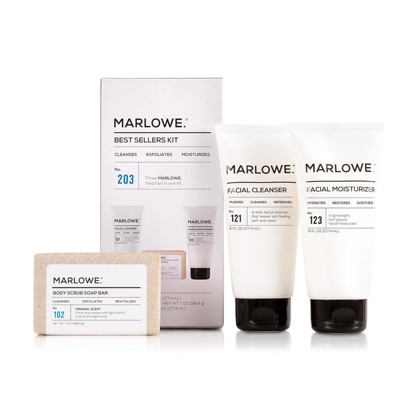 MARLOWE. Best Sellers Kit No. 203 – Signature Body Scrub Soap, Facial Cleanser & Face Moisturizer for Men