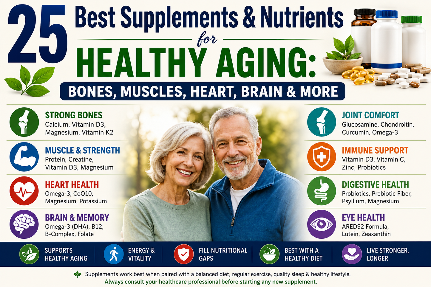 25 Best Supplements & Nutrients for Healthy Aging: Bones, Muscles, Heart, Brain & More