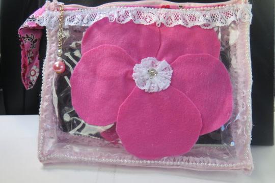 3D felt flower clear cosmetic bag close up