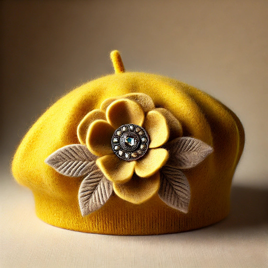 Yellow Flower Beret/Yellow Flower Beret/ Yellow Wool Beret/ Yellow Beret for Women