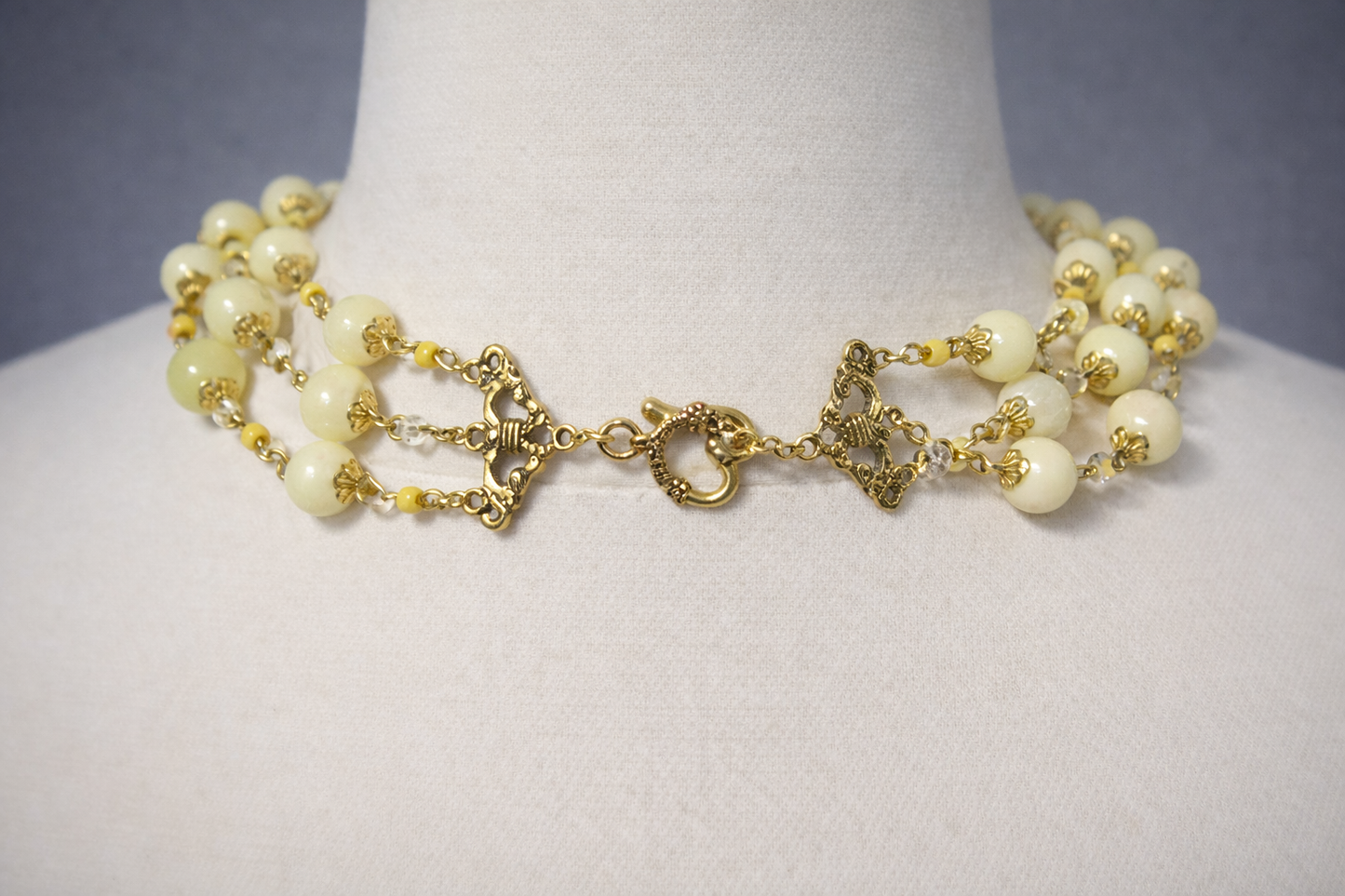 Butter Yellow Triple Strand Beaded Necklace | 20" Handcrafted Gold Wire 3-Layer Bead Necklace with Filigree Connectors & Heart Toggle Clasp