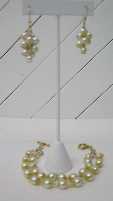 Double Bracelet & Earring Set/ Double Pearl Bracelet/ Cluster Earring/ Handmade Jewelry Set