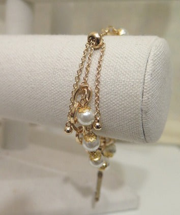 Double Pearl Gold Bracelet With Key Charm/ Pearl Gold Double Wired Chain Bracelet