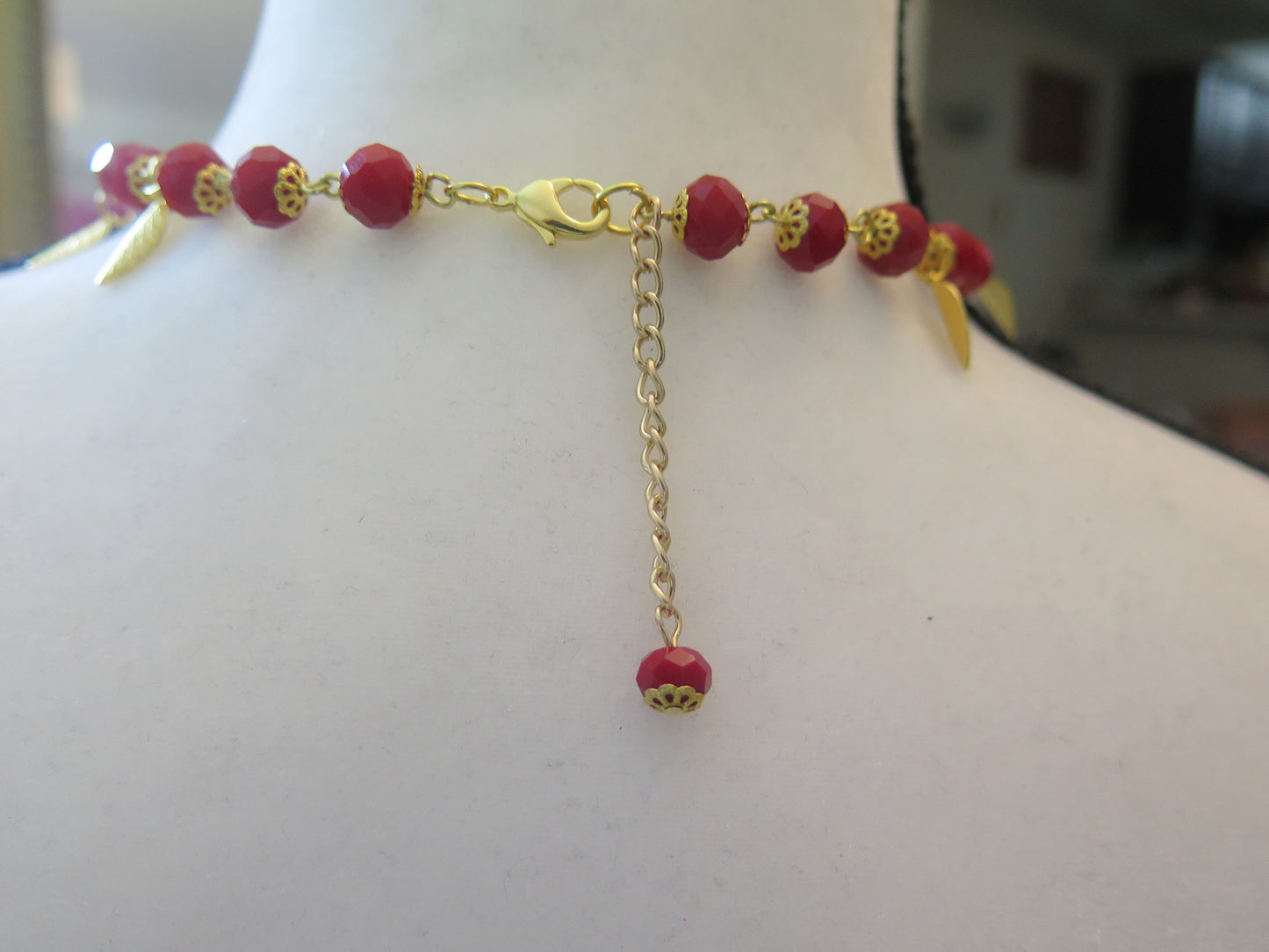 Red Leaf Necklace/ Red Beads Necklace With Leaf Charms/Red Necklace