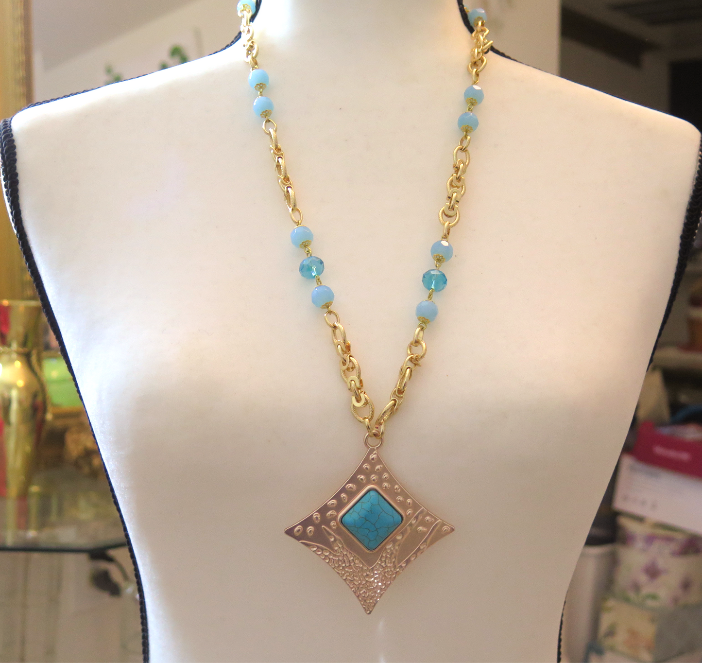 Long Turquoise Gold Necklace/ Gold Turquoise long summer Necklace with Pendant/ Gold Turquoise Necklace