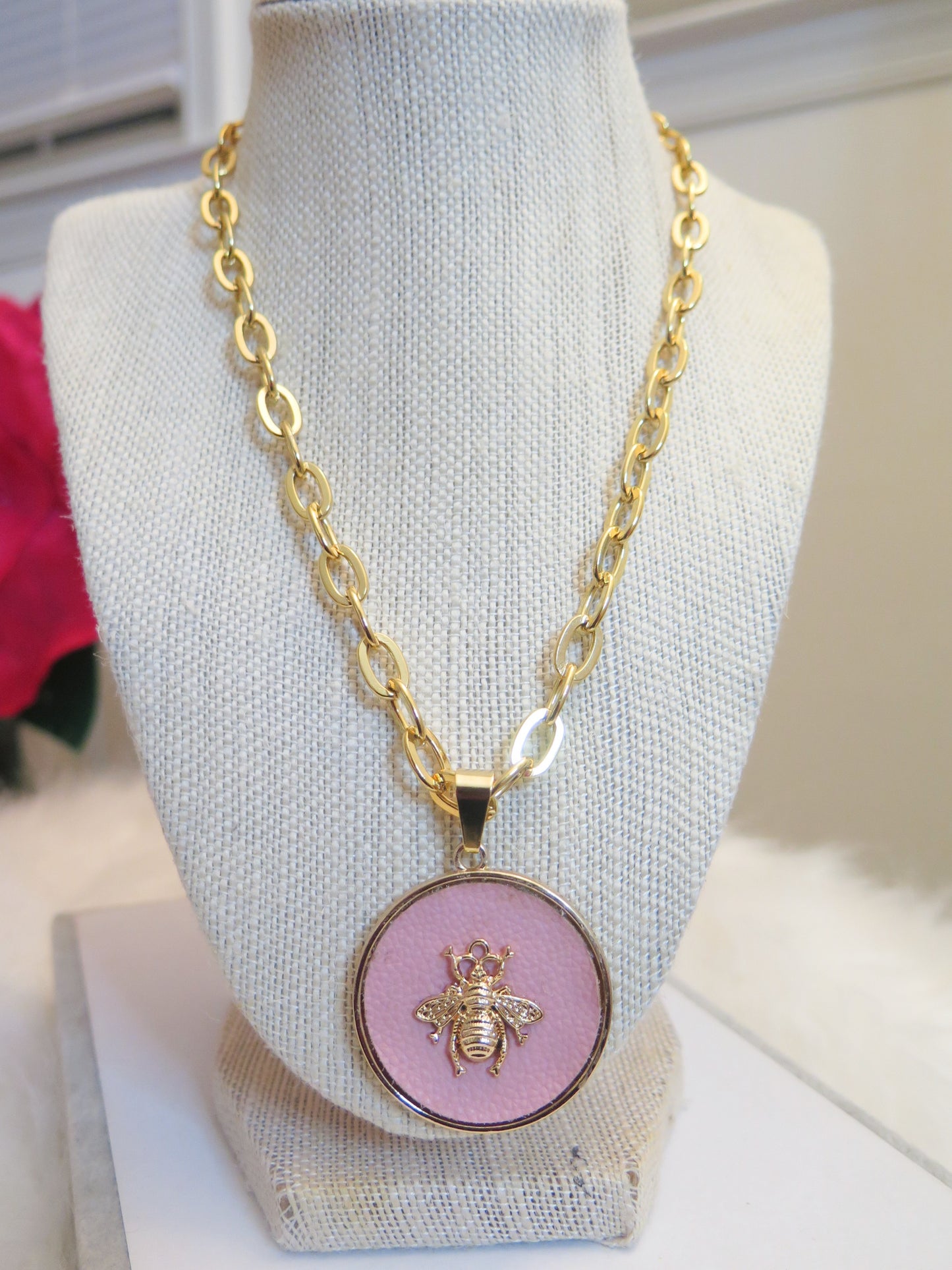 Gold Necklace With Pink Pendant/ Gold Necklace With Gold Pink Bee Pendant