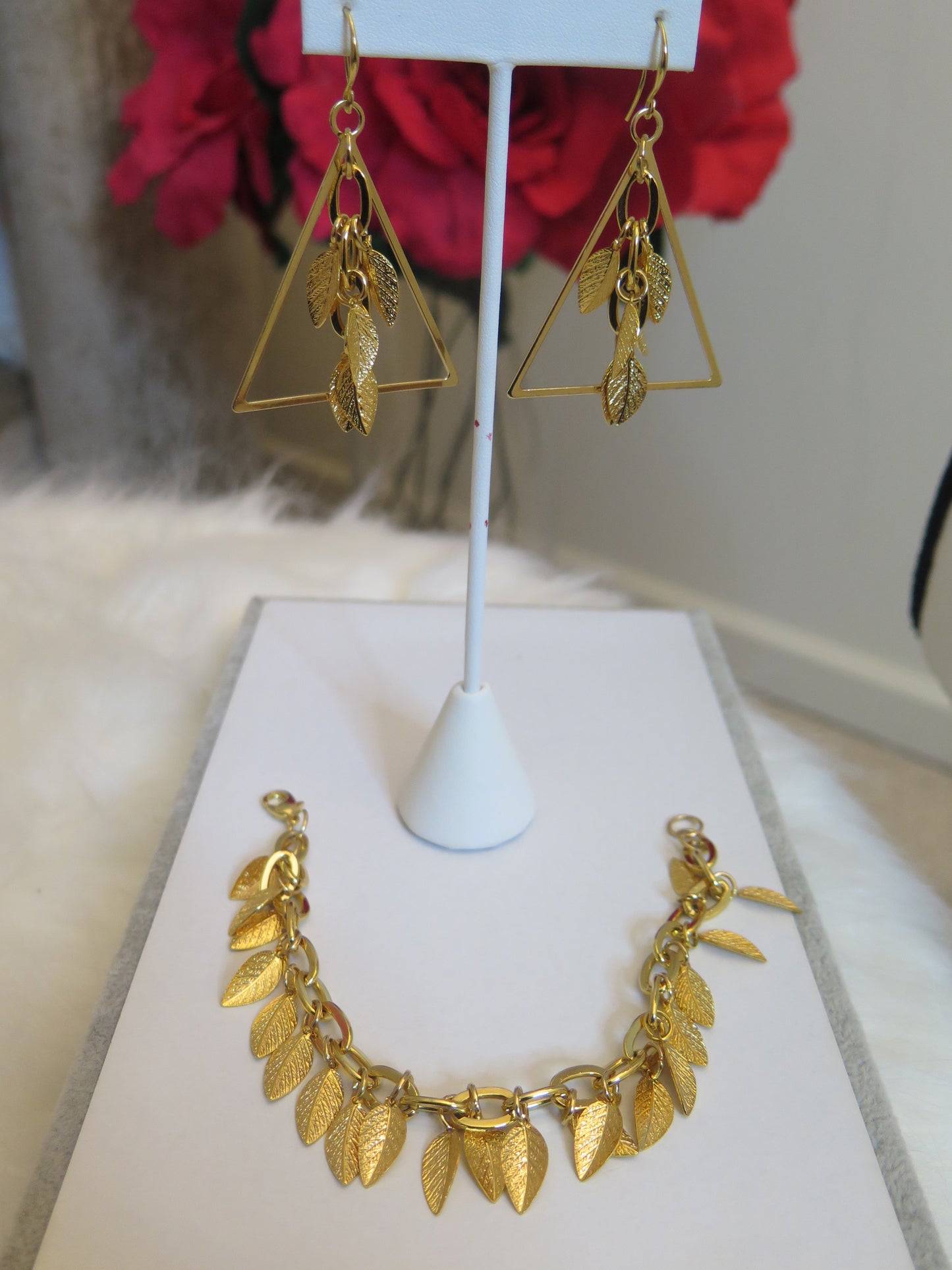 Gold Leaf Set/ Gold Jewelry Set/ Gold Dould Necklace With Leaf Charms, Earring and Bracelet Set