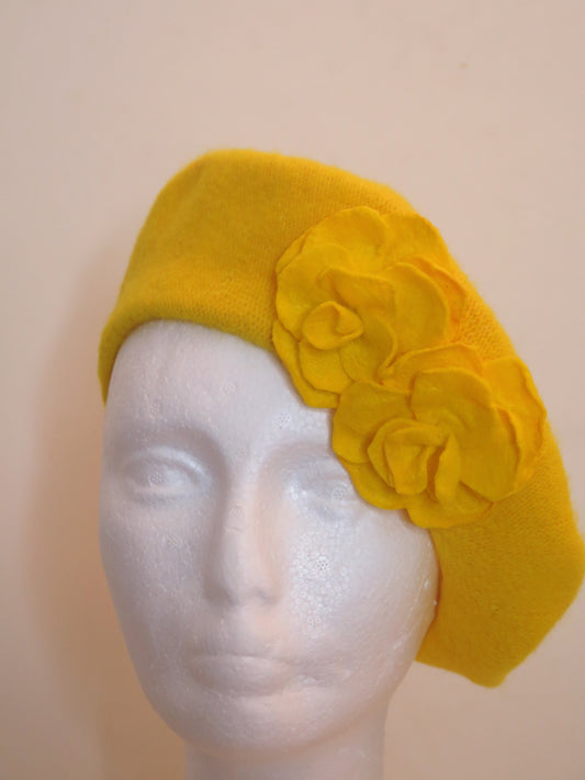 Yellow Flower Beret/ Yellow Double Flower Beret/ Yellow Beret/ Yellow Wool French Beret / Yellow Beret For Women