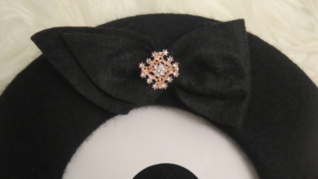 Black Double Bow Beret/ Black Beret For Woman/ Black Bow Rhinestone With Beret/ Black Beret For Women