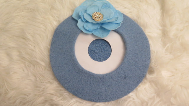 Blue Flower Beret/ Blue Wool Beret/ Blue French Beret/ Blue Flower French Beret