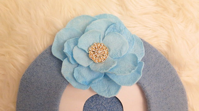 Blue Flower Beret/ Blue Wool Beret/ Blue French Beret/ Blue Flower French Beret