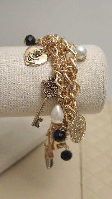 Multilayer Charm Bracelet/Chunky Statement Bracelet/ Multilayered Bracelet/ Pearl Bracelet/ Charm Bracelet/ Gold Charm Bracelet