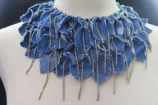 Denim Petal Necklace/ Denim Fringes Petal Necklace/ Denim Stylish Necklace