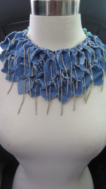 Denim Petal Necklace/ Denim Fringes Petal Necklace/ Denim Stylish Necklace