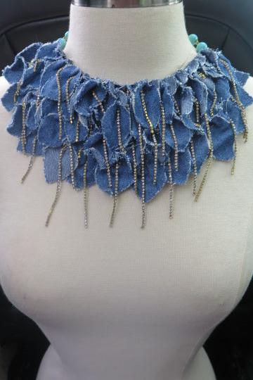 Denim Petal Necklace/ Denim Fringes Petal Necklace/ Denim Stylish Necklace