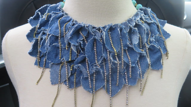 Denim Petal Necklace/ Denim Fringes Petal Necklace/ Denim Stylish Necklace