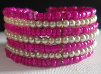 Fuchsia White Cuff Bracelet/ Fuchsia Pearl Bracelet/ Fuchsia Pearl Seadbeads Cuff Bracelet
