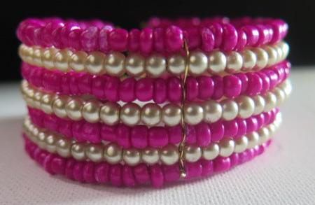Fuchsia White Cuff Bracelet/ Fuchsia Pearl Bracelet/ Fuchsia Pearl Seadbeads Cuff Bracelet