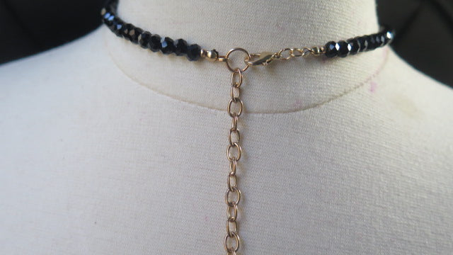 Black String Necklace/ Black String Necklace with Black White Vintage Charm Pendant/ Black Necklace with Vintage Pendant