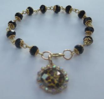 Black Bracelet Beads With Animal Print Charm/ Black Beads Bracelet/ Animal Print Charm Bracelet