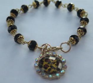 Black Bracelet Beads With Animal Print Charm/ Black Beads Bracelet/ Animal Print Charm Bracelet