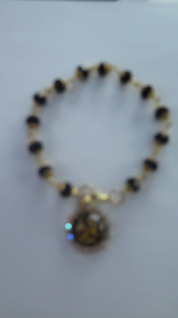 Black Bracelet Beads With Animal Print Charm/ Black Beads Bracelet/ Animal Print Charm Bracelet