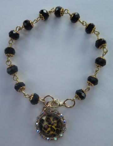 Black Bracelet Beads With Animal Print Charm/ Black Beads Bracelet/ Animal Print Charm Bracelet