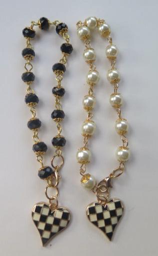 Black Check Heart Charm Beads Bracelet/ Black Bracelet