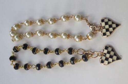 Black Check Heart Charm Beads Bracelet/ Black Bracelet