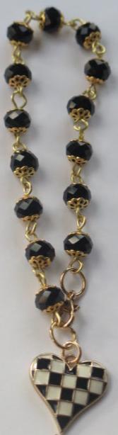 Black Check Heart Charm Beads Bracelet/ Black Bracelet