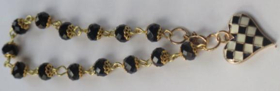 Black Check Heart Charm Beads Bracelet/ Black Bracelet