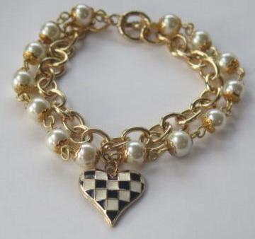 Double Strand Pearl Gold Bracelet with Check Black White Heart Charm/ Bouble Strand Bracelet/ Double Strand Gold Pearl Bracelet