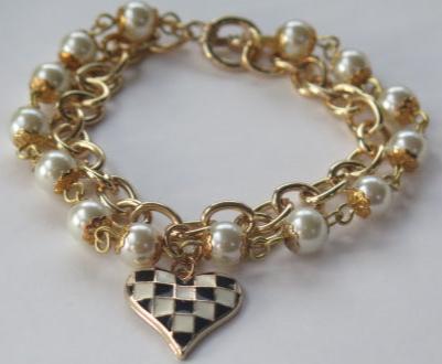 Double Strand Pearl Gold Bracelet with Check Black White Heart Charm/ Bouble Strand Bracelet/ Double Strand Gold Pearl Bracelet