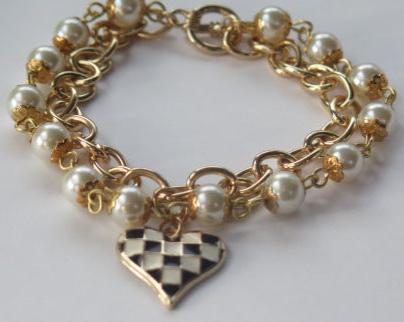 Double Strand Pearl Gold Bracelet with Check Black White Heart Charm/ Bouble Strand Bracelet/ Double Strand Gold Pearl Bracelet