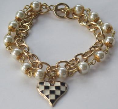 Double Strand Pearl Gold Bracelet with Check Black White Heart Charm/ Bouble Strand Bracelet/ Double Strand Gold Pearl Bracelet