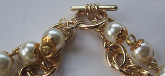 Double Strand Pearl Gold Bracelet with Check Black White Heart Charm/ Bouble Strand Bracelet/ Double Strand Gold Pearl Bracelet