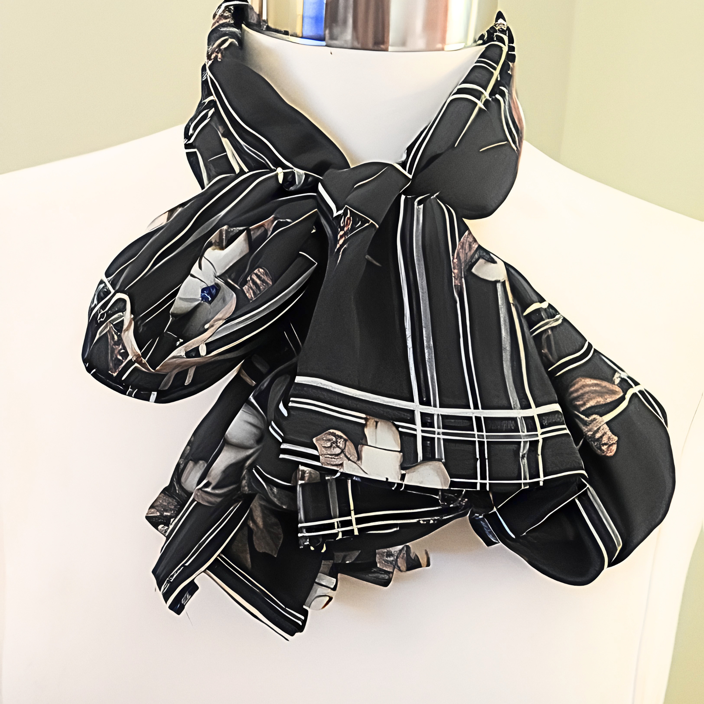 Women's Black Plaid Floral Chiffon Scarf & Headband Set | Elegant Magnolia Print | One Size Fits All Accessory Set