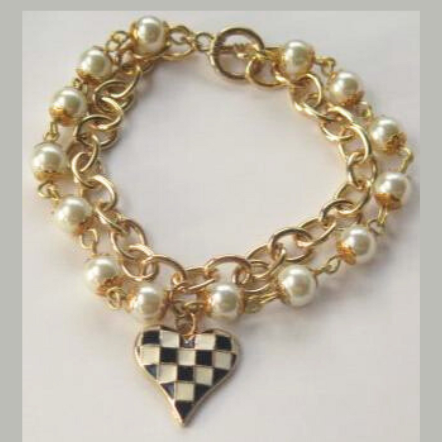 Double Strand Pearl Gold Bracelet with Check Black White Heart Charm/ Bouble Strand Bracelet/ Double Strand Gold Pearl Bracelet