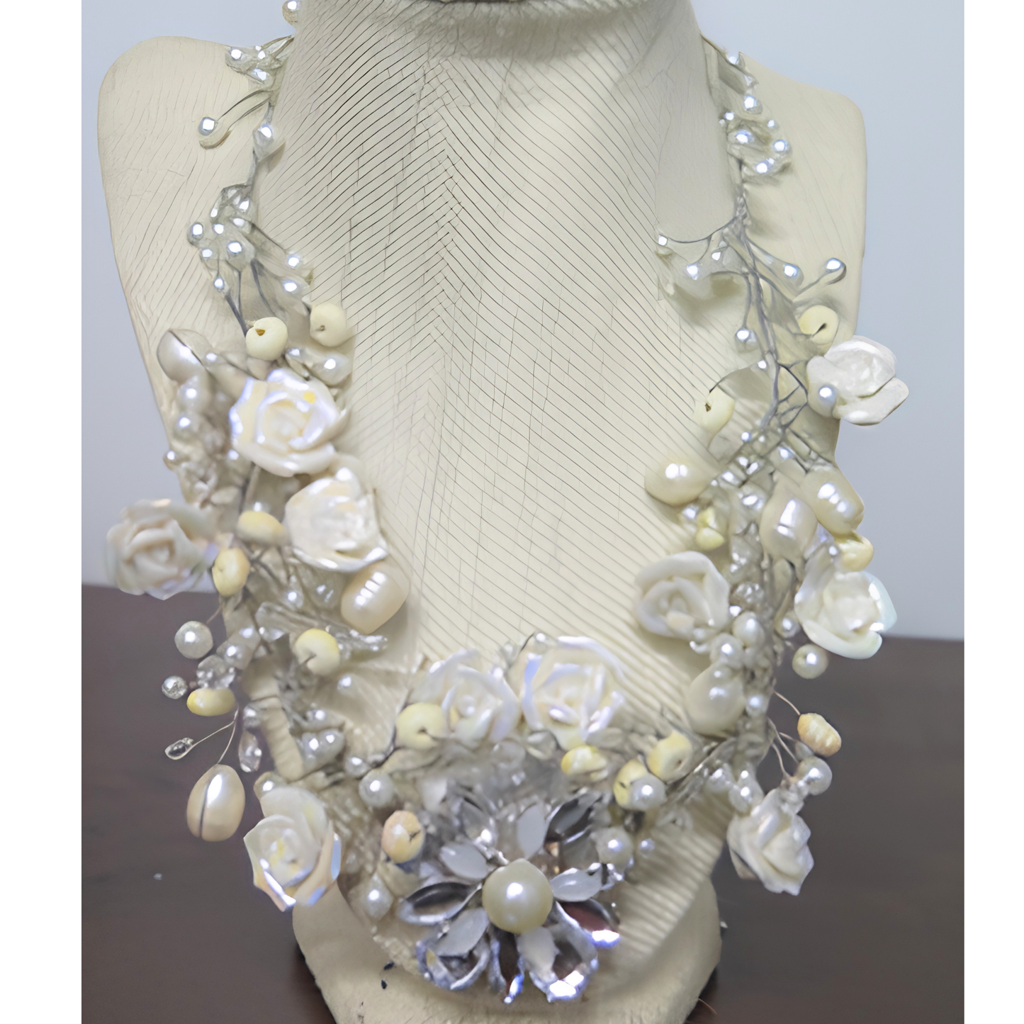Bridal Rose & Pearl Statement Necklace | Handcrafted Silver Wire Floral Collar Necklace for Wedding & Special Events