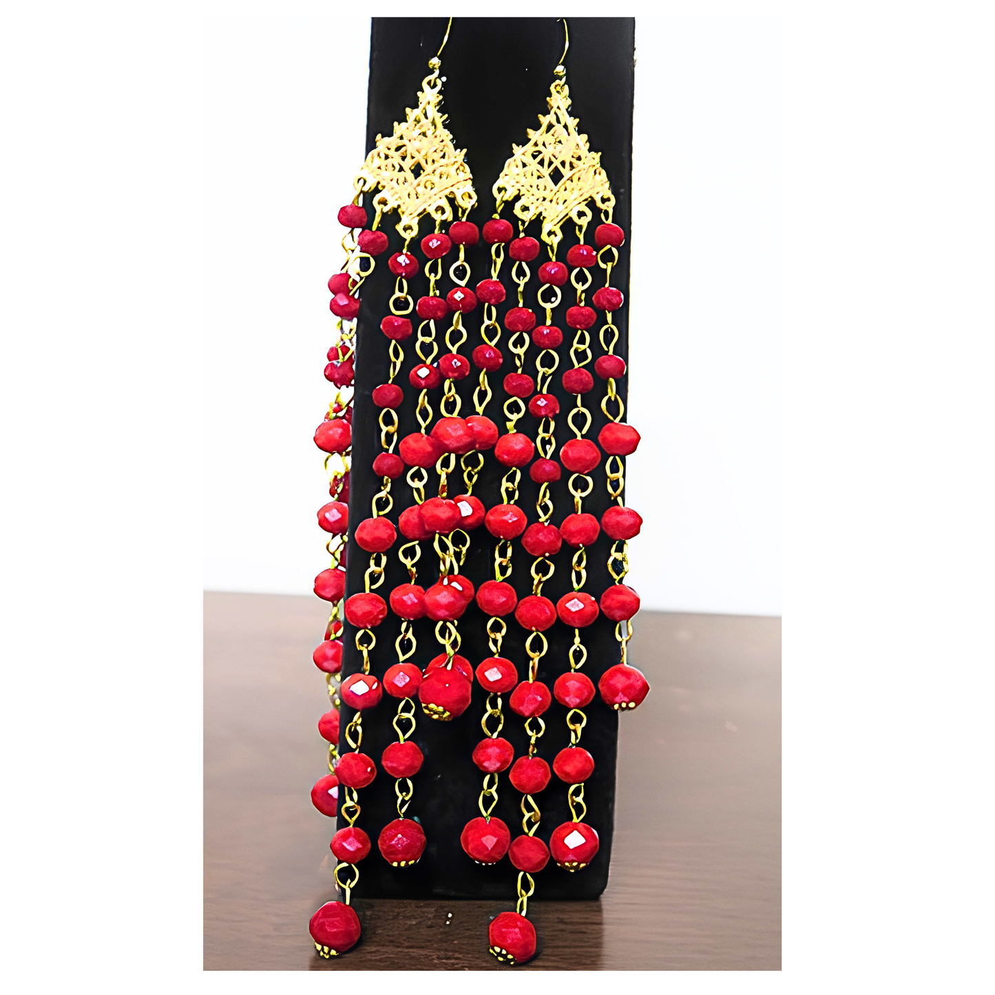 Red Crystal Chandelier Earrings | 7" Handcrafted Gold Filigree Multi-Strand Beaded Drop Earrings for Women, Weddings & Special Events