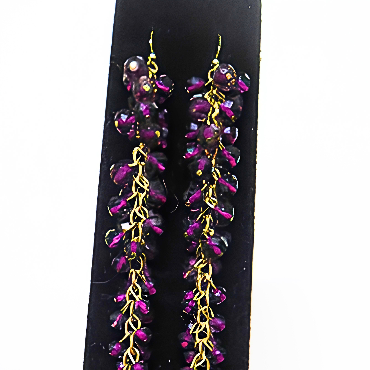 Deep Purple & Black Iridescent Crystal Cluster Drop Earrings | 7" Handcrafted Gold Wire Grape Cluster Bead Earrings for Women & Events