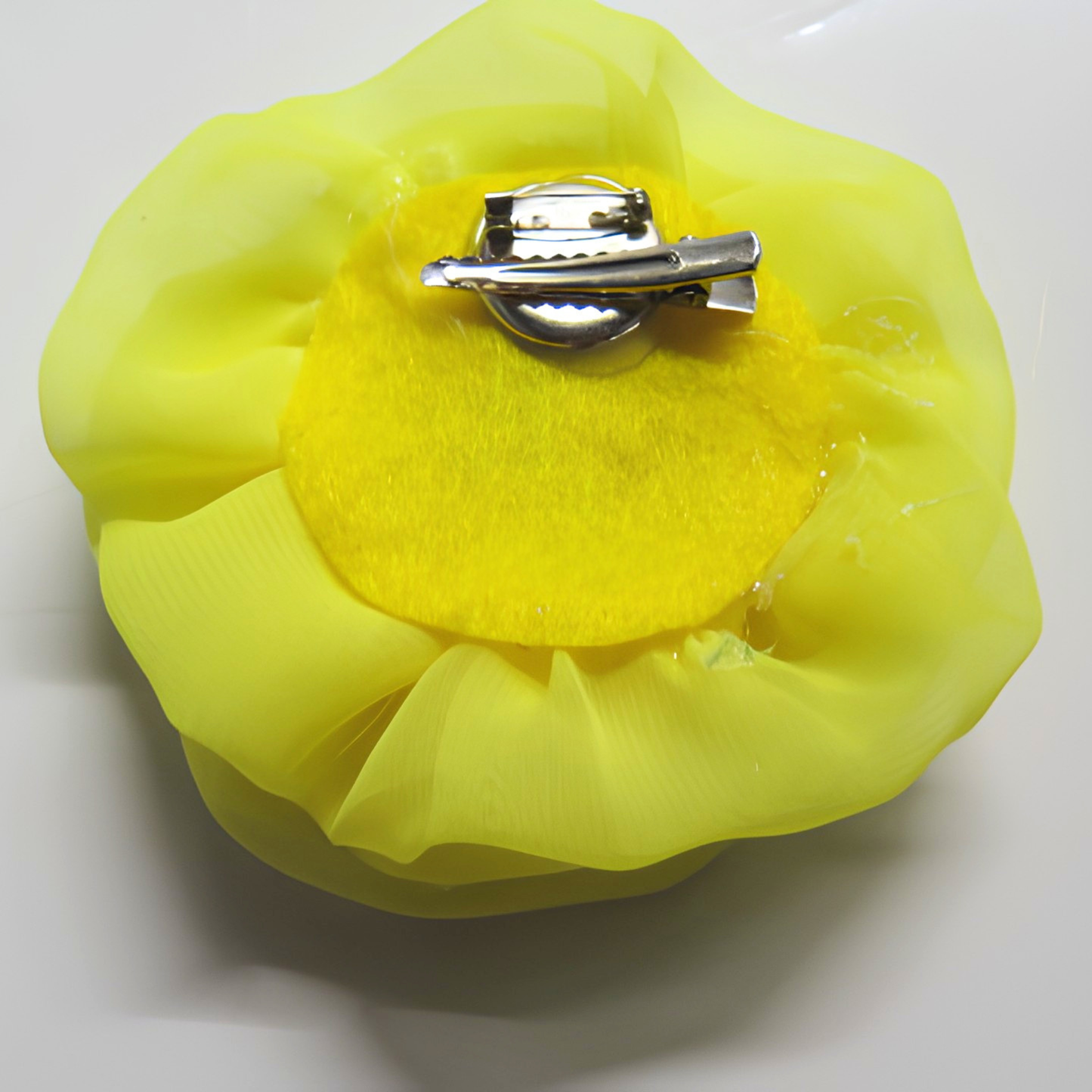 Neon Yellow Chiffon Flower Brooch & Hair Clip | 5" Handcrafted Fabric Flower Pin with Amber Rhinestone Center for Women, Church & Special Events