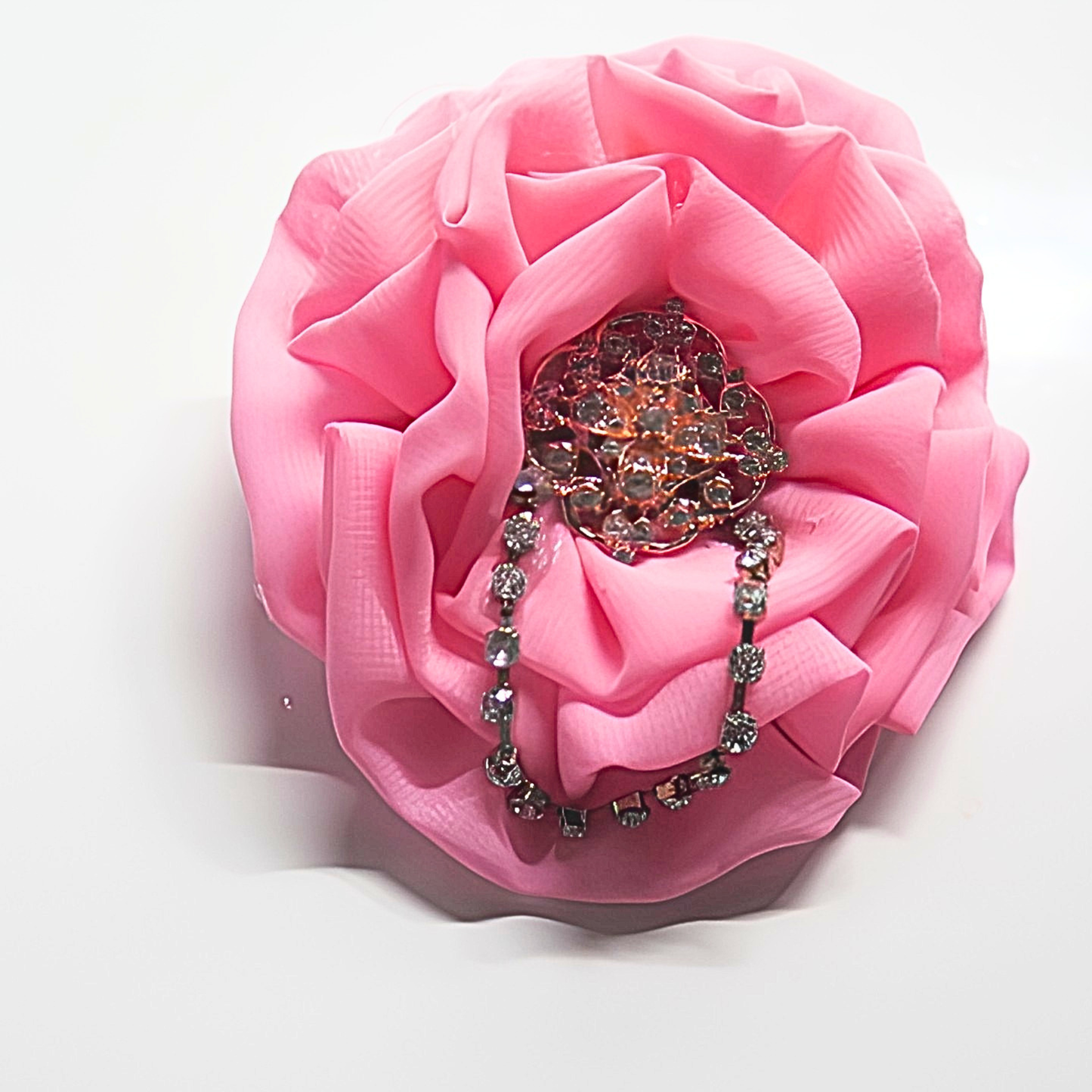 Hot Pink Chiffon Flower Brooch & Hair Clip | 5" Handcrafted Fabric Flower Pin with Rhinestone Cluster & Crystal Chain Detail for Women & Events