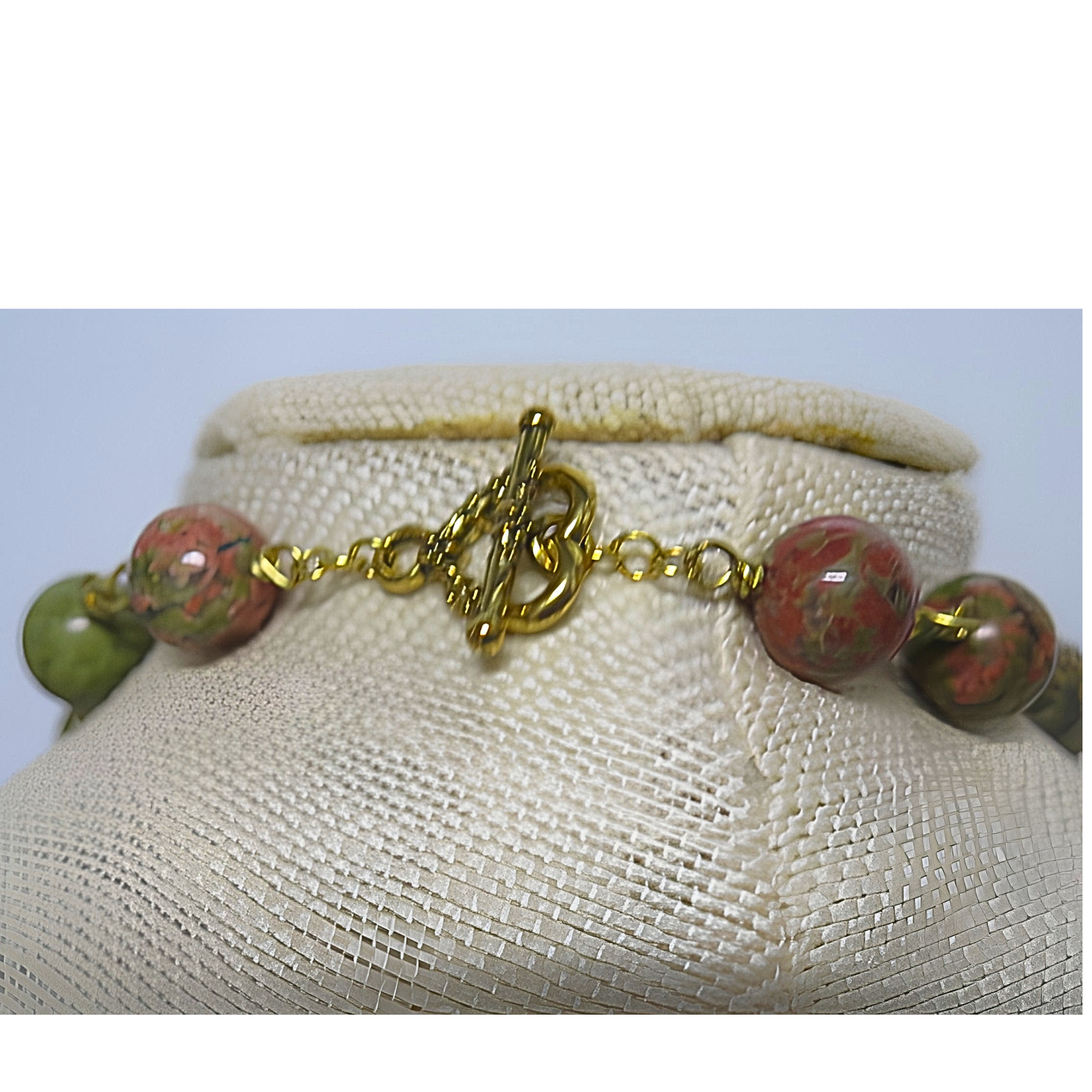 Unakite Stone Fan Bib Necklace | 19" Handcrafted Gold Wire Natural Stone Teardrop Collar Necklace with Toggle Clasp for Women