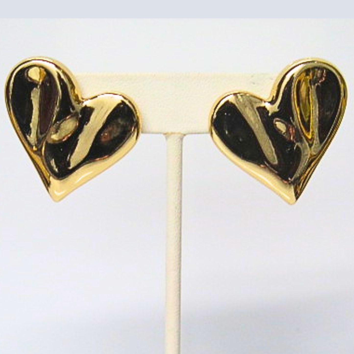 Gold Tone Puffy Heart Stud Earrings, Bold Sculptural Heart Studs, Romantic Statement Earrings, Vintage Style Love Gift for Her