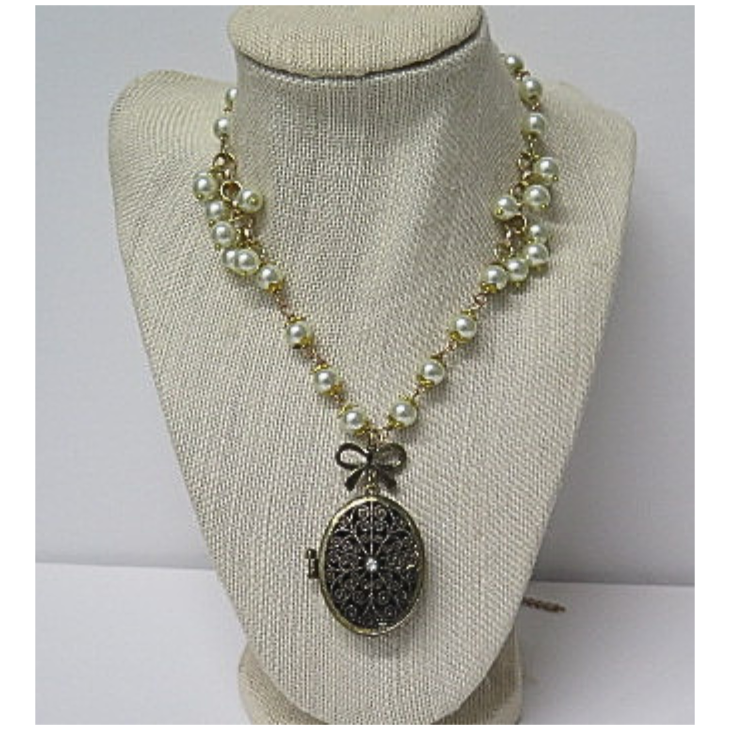 Vintage Style Pearl Necklace with Antique Bronze Filigree Locket | Long Pearl Chain with Bow Charm Oval Photo Locket | 33 Inch Romantic Heirloom Necklace for Women