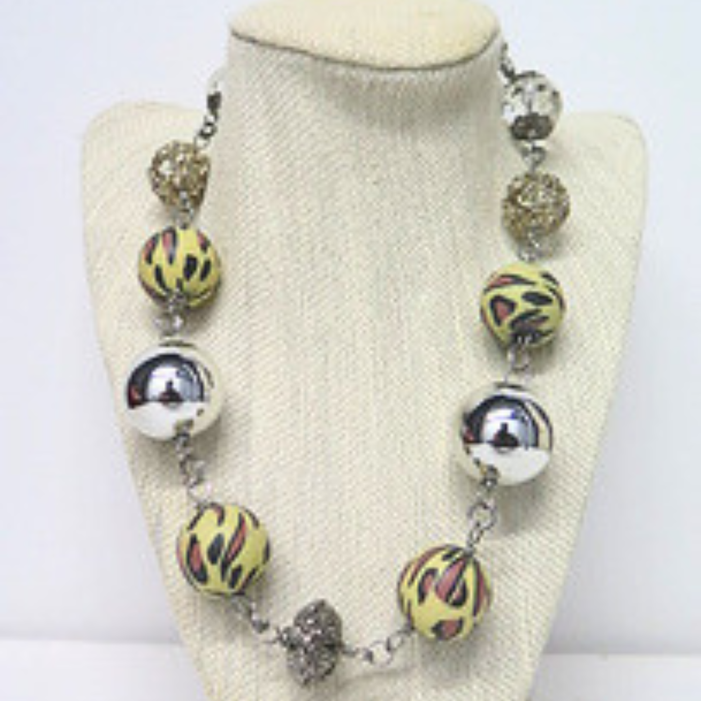 Handmade Artisan Statement Necklace Yellow Hand Painted Beads Silver Tone Toggle Clasp