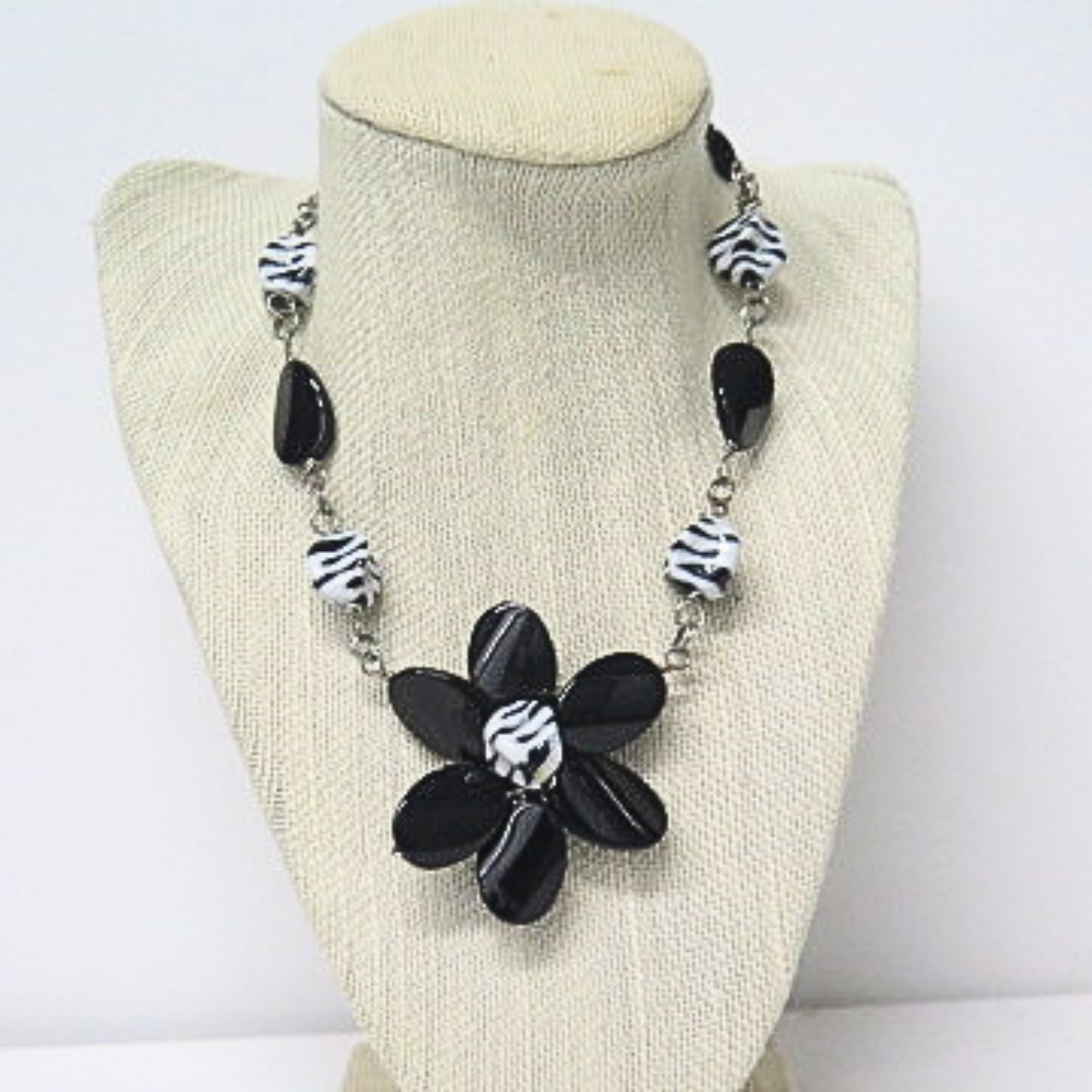 Handmade Black White Floral Statement Necklace Zebra Print