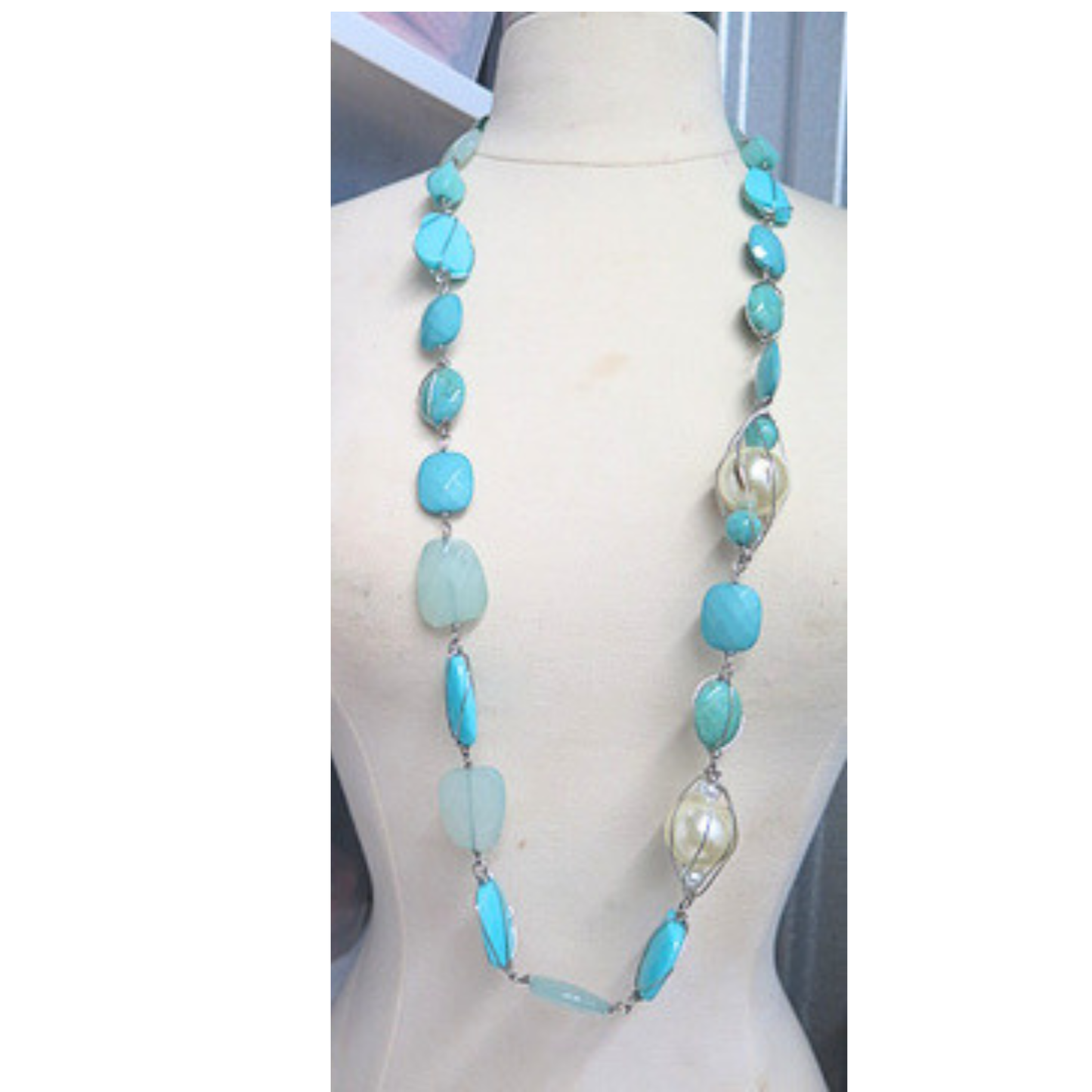 Handmade Aqua Blue Artisan Beaded Necklace | Long Wire Wrapped Statement Jewelry