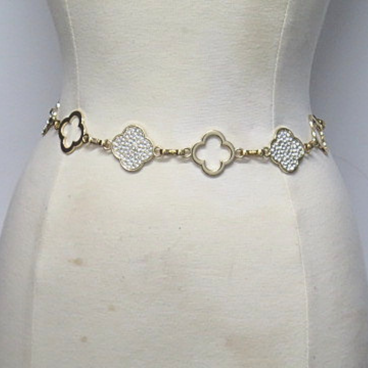 Gold Tone Quatrefoil Rhinestone Chain Belt Adjustable Statement Waist Belt